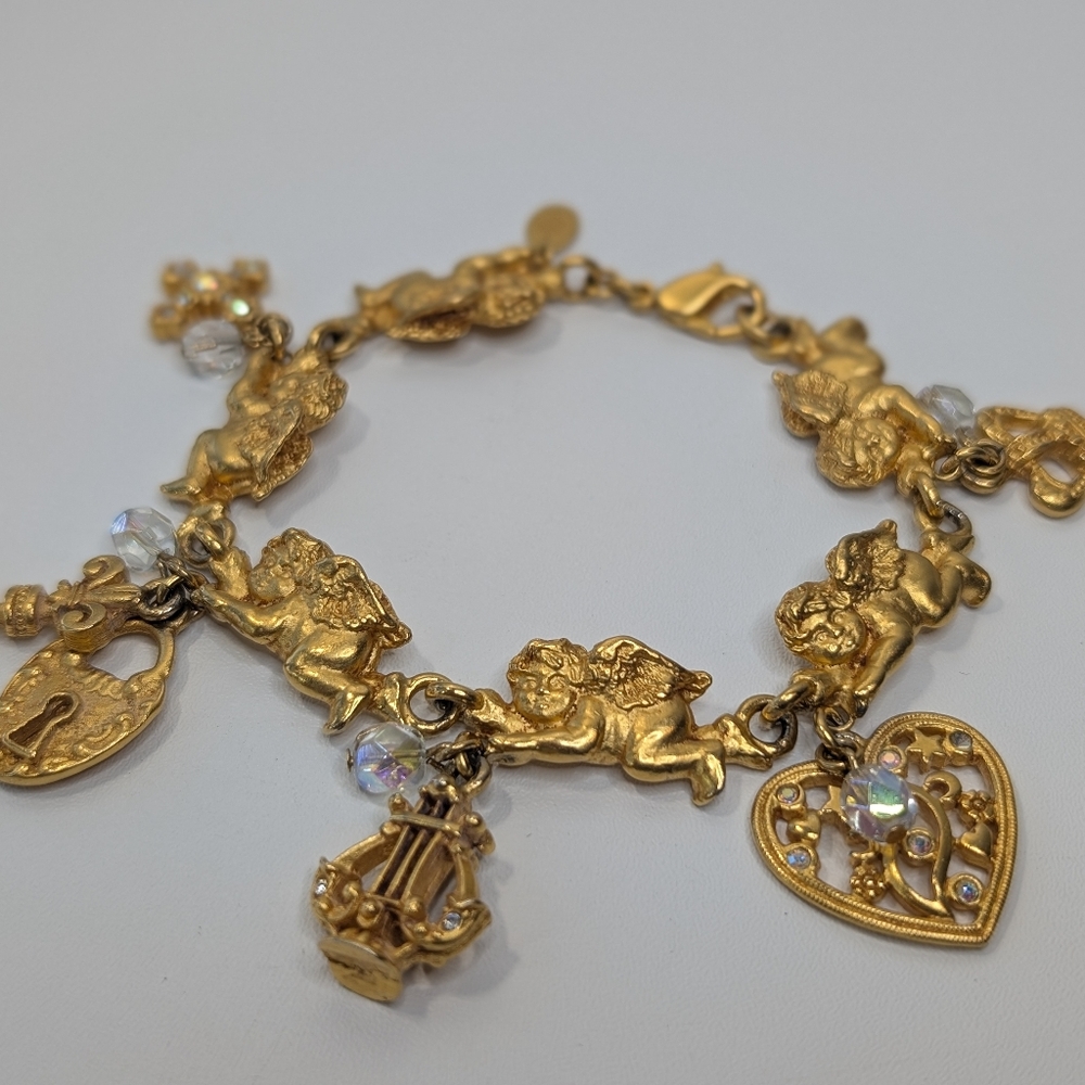 **RARE** Kirks Folly Cherub Panel Link Gold Vintage Collectable Charm Bracelet - Picture 3 of 12
